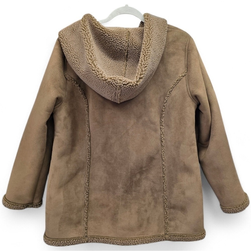LL Bean Womens Medium Petite Faux Suede Sherpa Lined Hooded Toggle Jacket Brown - Picture 2 of 7